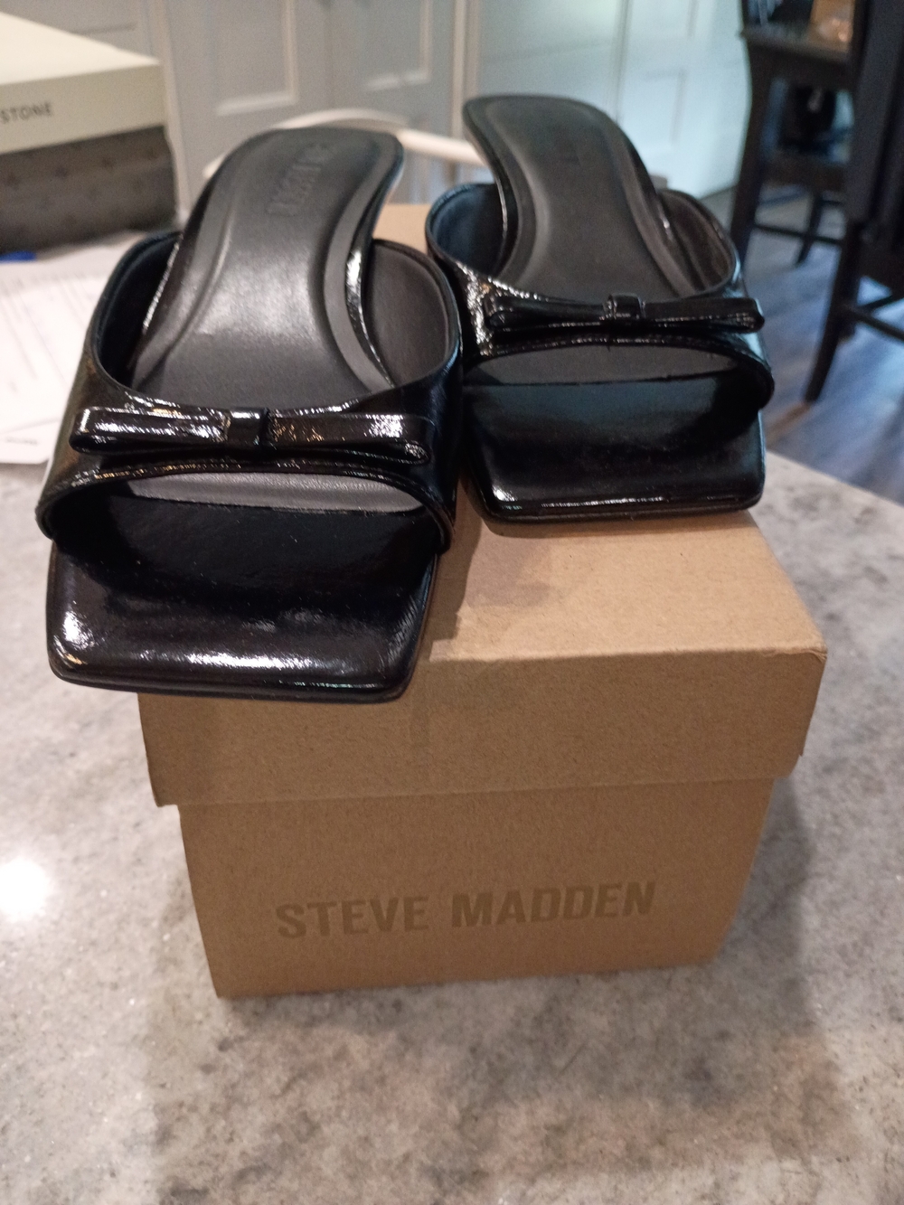 Steve Madden Black Patent Square-Toe Slide Sandals with Bow